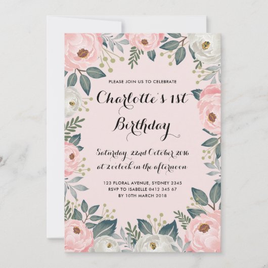 ガーリーなピンク及びアラバスターの花のシャクヤクの誕生会 招待状 (正面)