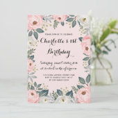 ガーリーなピンク及びアラバスターの花のシャクヤクの誕生会 招待状 (スタンド正面)