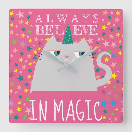ガーリーなピンク猫のユニコーン|は魔法で常に信じます スクエア壁時計 (正面)