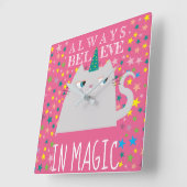 ガーリーなピンク猫のユニコーン|は魔法で常に信じます スクエア壁時計 (傾斜)