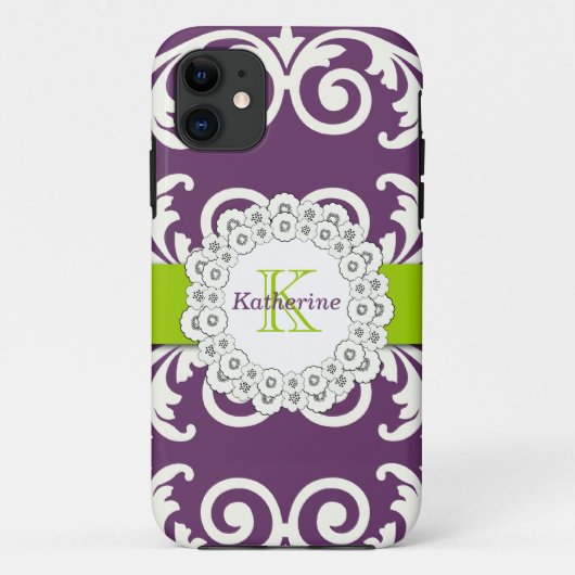 ガーリーなプラム紫色の緑は花パターン渦巻きます Case-Mate iPhoneケース (裏面)