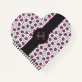 ガーリーなホットピンクとブラックのレディバグ グレーギンガムハート ノートブック (正面)