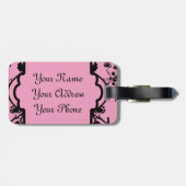 ガーリーなモノグラムのでエレガントで上品なピンクの黒いダマスク織 ラゲッジタグ (裏面横)