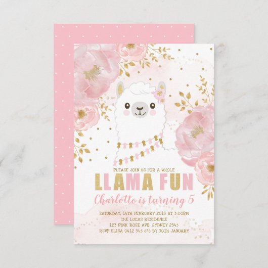 ガーリーなラマの誕生日のピンクの金ゴールドの花のアルパカのパーティー 招待状 (正面/裏面)
