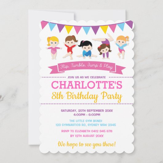 ガーリーな体操の誕生日のピンクの体育館のパーティー 招待状 (正面)