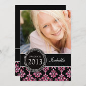 ガーリーな写真の卒業生の招待%PIPE%のピンクのグリッターのダマスク織 招待状 (正面/裏面)