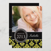 ガーリーな写真の卒業生の招待%PIPE%の黄色いグリッターのダマスク織 招待状 (正面/裏面)