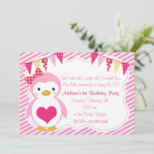 ガーリーな恋人のペンギンのバレンタインの誕生会 招待状 (スタンド正面)