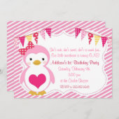 ガーリーな恋人のペンギンのバレンタインの誕生会 招待状 (正面/裏面)