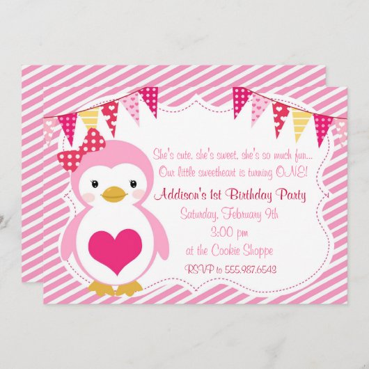 ガーリーな恋人のペンギンのバレンタインの誕生会 招待状 (正面/裏面)