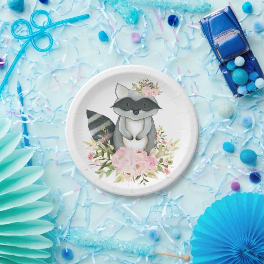 ガーリーな森林アライグマのピンクの花の森林シャワー ペーパープレート (パーティー)