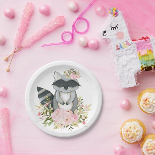 ガーリーな森林アライグマのピンクの花の森林シャワー ペーパープレート (パーティー)