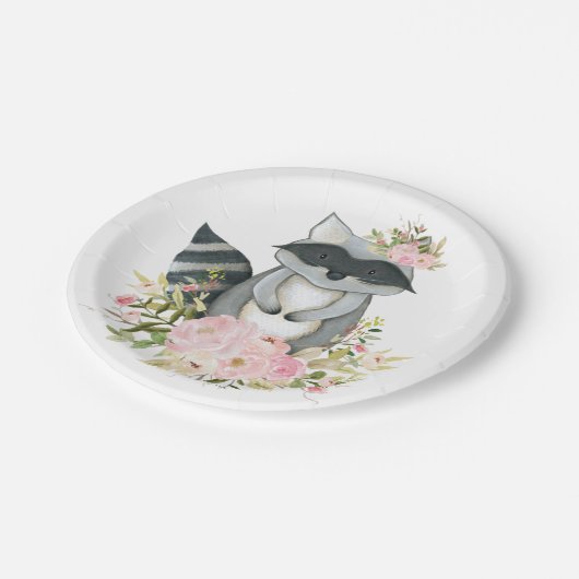 ガーリーな森林アライグマのピンクの花の森林シャワー ペーパープレート (アングル)