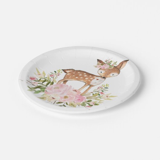 ガーリーな森林シカのピンクの花の森林誕生日 ペーパープレート (アングル)