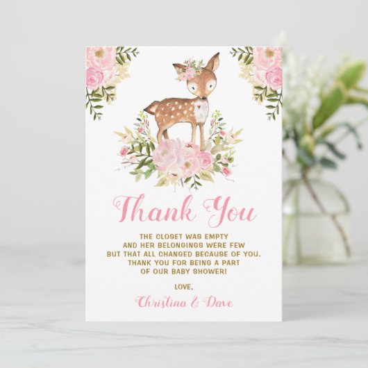 ガーリーな森林シカのベビーシャワーの誕生日 サンキューカード (スタンド正面)