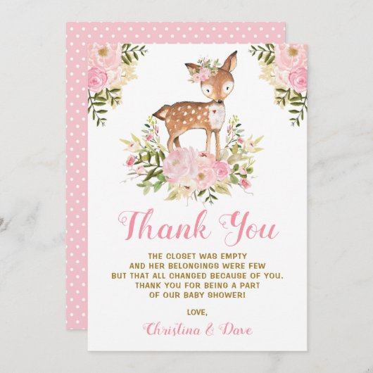 ガーリーな森林シカのベビーシャワーの誕生日 サンキューカード (正面/裏面)