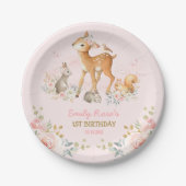 ガーリーな森林森林動物の花柄の第1誕生日 ペーパープレート (正面)