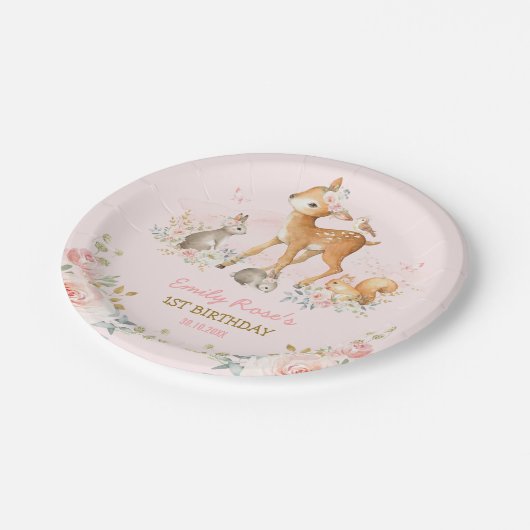 ガーリーな森林森林動物の花柄の第1誕生日 ペーパープレート (アングル)