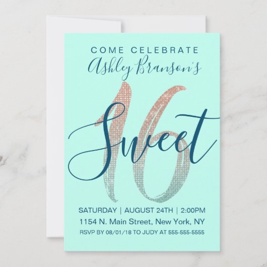 ガーリーな水の青のバラの金ゴールドのスパンコールのグリッターの菓子16 招待状 (正面)