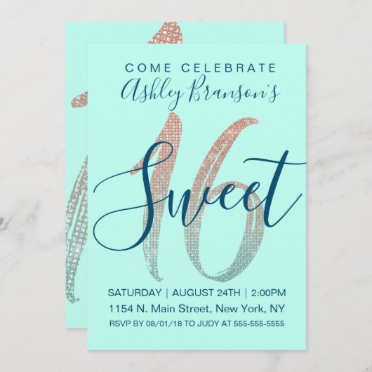 ガーリーな水の青のバラの金ゴールドのスパンコールのグリッターの菓子16 招待状 (正面/裏面)