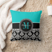 ガーリーな水の黒のダマスク織あなたのモノグラムの名前の枕 クッション (ブランケット)