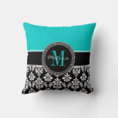 ガーリーな水の黒のダマスク織あなたのモノグラムの名前の枕 クッション (裏面)