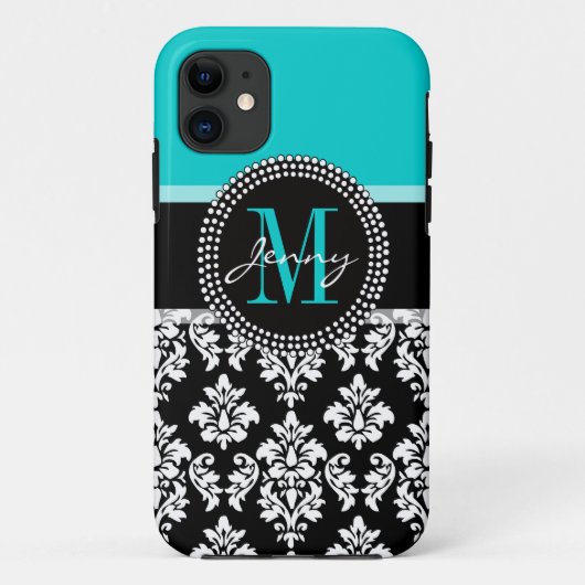 ガーリーな水の黒のダマスク織あなたのモノグラムの名前 Case-Mate iPhoneケース (裏面)