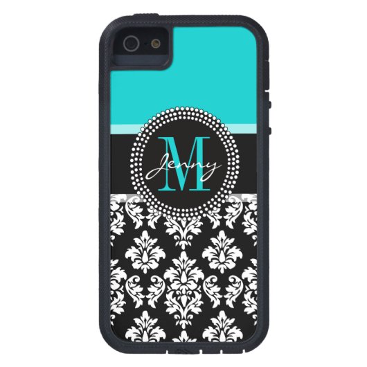 ガーリーな水の黒のダマスク織あなたのモノグラムの名前 Case-Mate iPhoneケース (裏面)