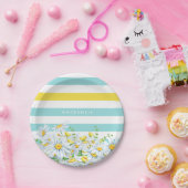 ガーリーな水は黄色いデイジーおよび名前と縞で飾ります ペーパープレート (パーティー)