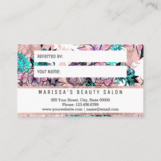 ガーリーな水彩画のばら色の金ゴールドの花の紹介カード 紹介カード (裏面)