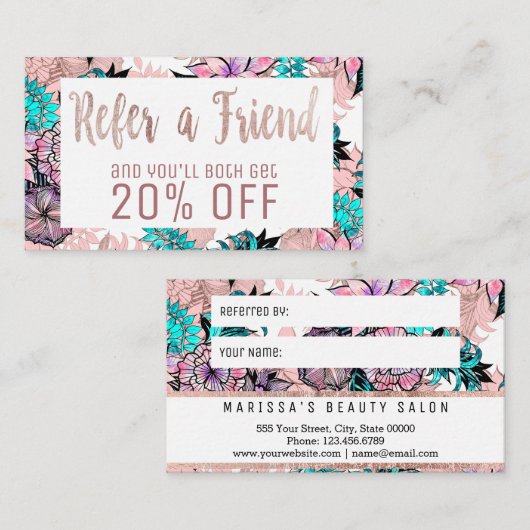 ガーリーな水彩画のばら色の金ゴールドの花の紹介カード 紹介カード (正面/裏面)