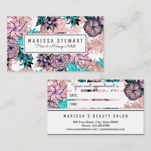 ガーリーな水彩画のばら色の金ゴールドの花柄のアポイントメントカード 予約カード (正面/裏面)