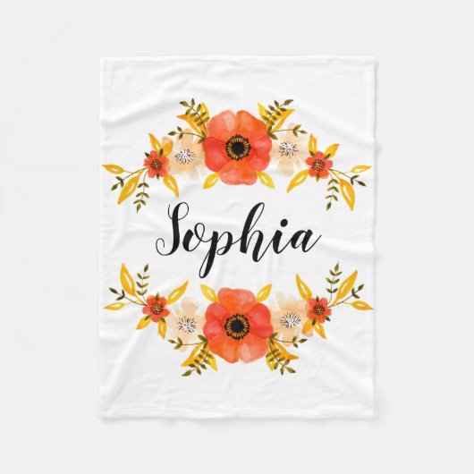 ガーリーな水彩画の珊瑚の花のリースのカスタムの文字 フリースブランケット (正面)