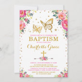ガーリーな水彩画の花の蝶洗礼 招待状 (正面)