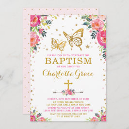 ガーリーな水彩画の花の蝶洗礼 招待状