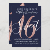 ガーリーな濃紺のバラの金ゴールドのスパンコールのグリッターの菓子16 招待状 (正面/裏面)