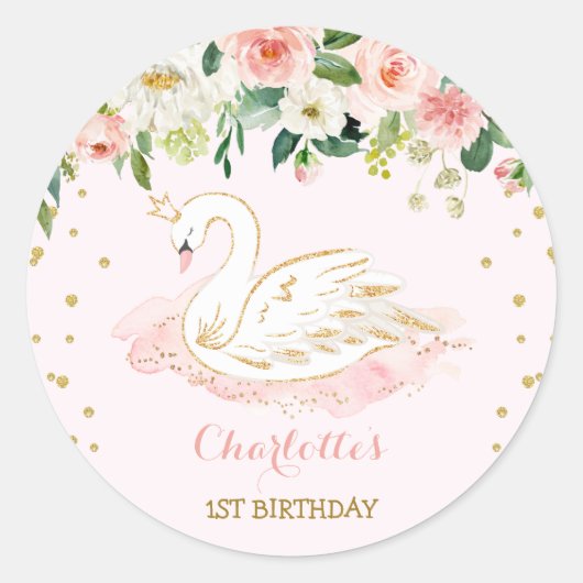 ガーリーな白鳥のプリンセスの赤面のピンクの金ゴールドの花柄の好意 ラウンドシール (正面)