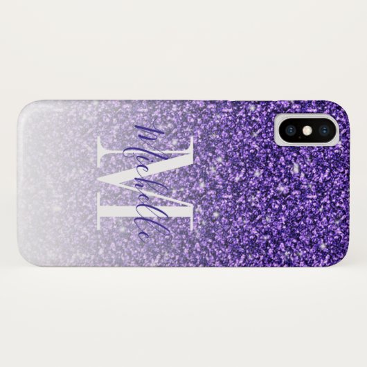 ガーリーな紫色のグリッターは名前モノグラムの原稿の光っています Case-Mate iPhoneケース (裏面(横))