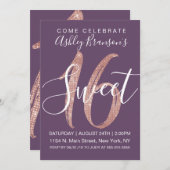 ガーリーな紫色のバラの金ゴールドのスパンコールのグリッターの菓子16 招待状 (正面/裏面)