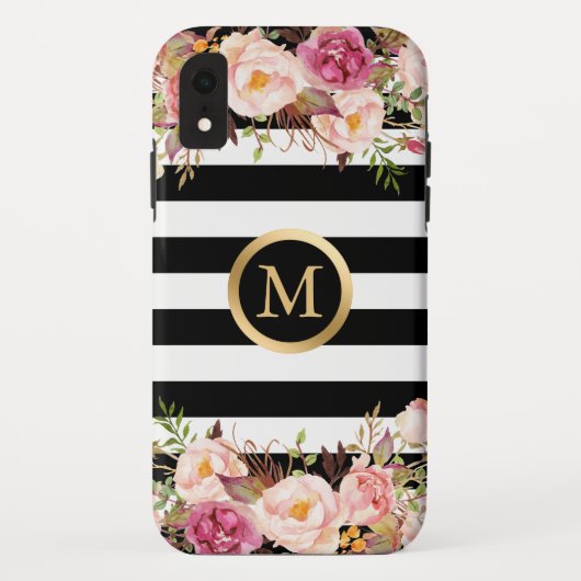 ガーリーな花の金ゴールドのモノグラムの白黒のストライプ Case-Mate iPhoneケース (裏面)