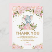 ガーリーな象のパステル調ピンクの花柄の第1誕生日 サンキューカード (正面/裏面)
