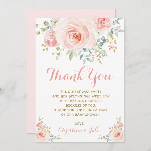 ガーリーな赤面のピンクの金ゴールドの花のベビーシャワーBohoは上がりました サンキューカード (正面/裏面)