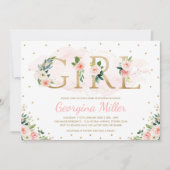ガーリーな赤面のピンクの金ゴールドの花の女の赤ちゃんのシャワー 招待状 (正面)