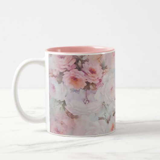 ガーリーな赤面はピンクのbohoの国の花柄にある調子を与えます ツートーンマグカップ (左)
