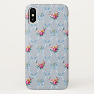 ガーリーな青はかわいらしいピンクのバラの花柄パターンを曲げます iPhone X ケース