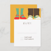 ガーリーな靴及びスニーカーの図解入りの、写真付きのな結婚式の黄色 出欠カード (正面/裏面)