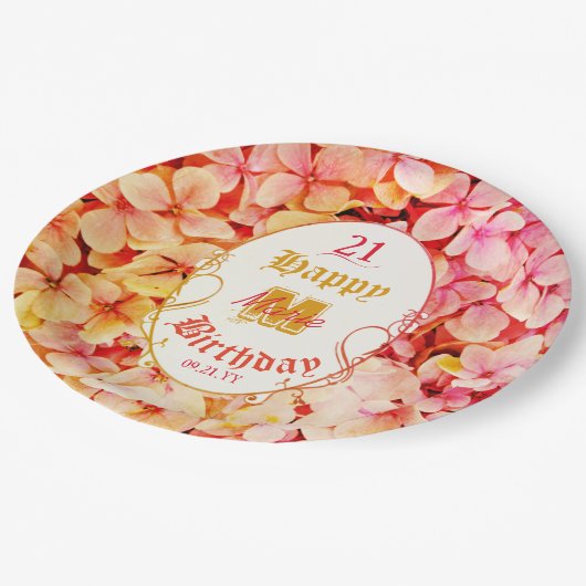 ガーリーエレガントモダンフローラ21歳の誕生日パーティー ペーパープレート (アングル)