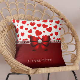 ガーリーエレガント赤いハートと赤リボン名前をカスタムする クッション