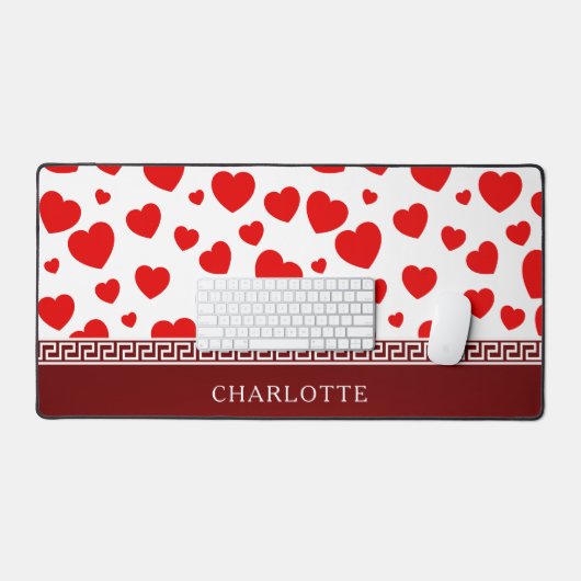 ガーリーエレガント赤いハート名前をカスタムする デスクマット (キーボード&マウス)