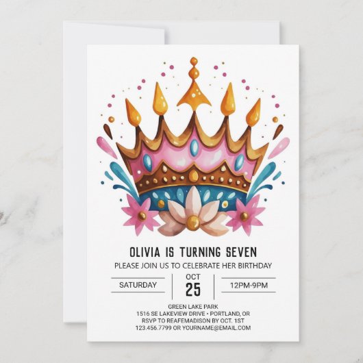 ガーリーカスタムプリンセスクラウン誕生日 招待状 (正面)